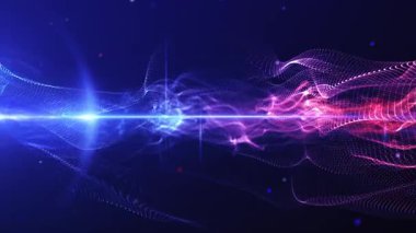 Parçacık akışı ve soyut şekillerle parlayan teknolojik arkaplan, 4K çözünürlüklü karanlık bir zemin üzerinde geleceksel dalgalar