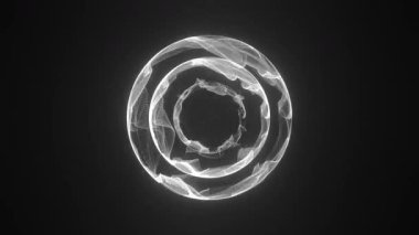 Siyah arkaplanda dönen parçacık halkalarından oluşan parlayan beyaz bir kürenin soyut üç boyutlu animasyonu. Gelecekçi ve minimal tek renkli arkaplan