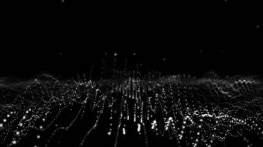 Koyu arkaplan, dalga ve hareket efektli parlak parçacıkların soyut arkaplanı