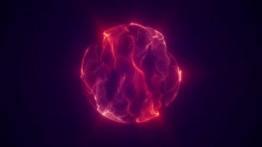 Parlayan parçacıkların ve kırmızı-turuncu renkli dalgaların soyut enerji küresi. Plazma ve elektrik efektli üç boyutlu dijital animasyon.