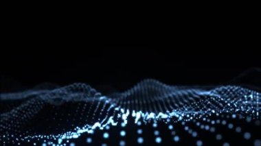 Parlayan noktalardan oluşan soyut mavi dalga ağı, koyu arkaplanda fütüristik dalga boyu animasyonu, 4K içinde hareket tasarımı