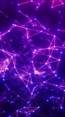 Bağlı veri çizgileri ve parçacıkların soyut mor parlayan ızgarası, 4K içindeki teknolojik arkaplan ve dijital tasarım için dikey geleceksel animasyon