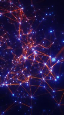 Mavi ve turuncu tonlarda bağlı düğüm ve çizgilerden oluşan parlayan nöral ağ, yapay zeka ve bilimsel altyapılar için soyut dijital animasyon, dikey 4K çözünürlük