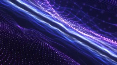Pürüzsüz menekşe ve mavi veri dalgaları çaprazlama akıyor, soyut fütüristik hareket arkaplanı parlayan ızgaralar ve ışık yolları, 4K içinde dijital teknoloji videoları