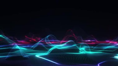 Mavi ve pembe renkli parlak neon çizgiler, koyu arkaplan üzerinde enerji dalgalarının soyut animasyonu, 4K içinde geleceksel hareket tasarım döngüsü