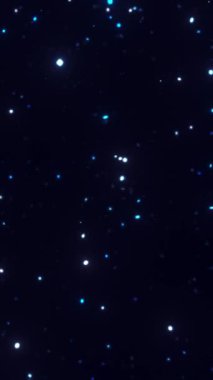 Soyut dikey arkaplanda yüzen parlak beyaz ve mavi yıldızlar, ince hareketli düz yıldız alanı animasyonu, bilim kurgu ve mobil görseller için ideal dikey 4K biçimi