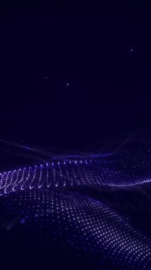 Yavaş çekimde akan yumuşak mor parçacık ağı, koyu dikey uzayda soyut fütüristik dalga animasyonu, dijital ortam, 4K
