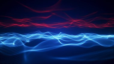Kırmızı ve mavi parlayan dalgalar, karanlıkta zıt yönlere hareket ediyor.