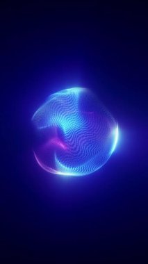 Parlak soyut enerji küresi koyu arkaplanda ışık titreşimi, yapay zeka, uzay veya gelecekteki güç görselleri için dikey bilim kurgu animasyonu 4K 'da.