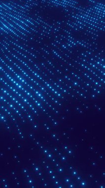 Mavi tonlardaki dalgalı parlayan nokta alanı dijital yüzey animasyonu, 4K içindeki teknoloji ve bilim kurgu projeleri için dikey 3D arazi döngüsü oluşturur.