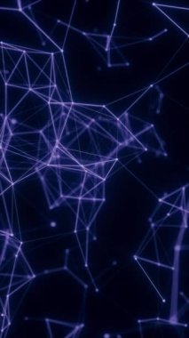 Siyah zemin üzerinde dinamik bir 3D ağ yapısı oluşturan soyut mor çizgiler ve noktalar, 9: 16 biçiminde AI, engelleme zinciri veya teknolojik hareket tasarımı için idealdir..