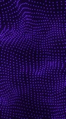 Parlayan mor noktaların soyut ızgarası çarpık bir dikey alan oluşturuyor. En az bilim-kurgu ayarında akan hareketle dijital biçim animasyonu.