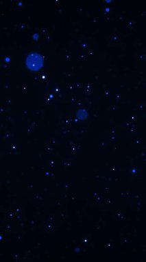 Yüzen mavi parçacıklar, dikey olarak koyu bir arkaplana saçılmış. Kozmik ya da teknolojik bir dokunuşla çevresel hareket dokusu.