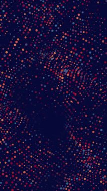 Karanlık yüzeyde dönen kırmızı ve turuncu nokta dizisi canlandırılmış dalga çarpıtmaları oluşturuyor. Hareket grafikleri veya veri simülasyonları için soyut model arkaplanı. Dikey 4K.