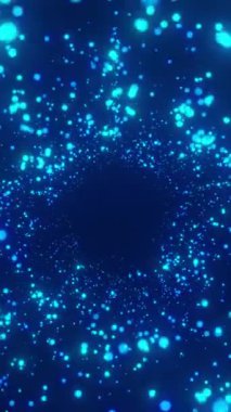 Parlak mavi parçacıklar dairesel bir tünel oluşturuyorlar. Bilimkurgu, ortam tasarımı veya UI kaplamaları için dikey animasyona ilham verdi. 4K.