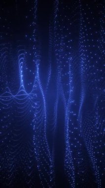 Parlak mavi noktaların zarif akışı dikey dalgalar ve ışık perdeleri oluşturuyor. Teknoloji ve dijital görseller için çevresel bilim kurgu hareketi.