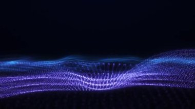 Dijital noktalardan oluşan parlak mor-mavi dalga. Fütürist yapay zeka ve veri görselleri için soyut 4K animasyonu.