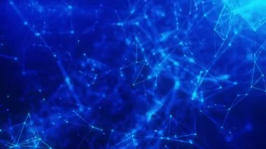 Dinamik kamera hareketine sahip parlak mavi pleksin animasyonu, karmaşık dijital yapı, çizgi ve noktaların arkaplanı, yüksek kaliteli 4K animasyon
