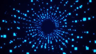 Karanlık bir zemin üzerinde kare mavi parçacıklar ile soyut bir tünel döndürmek, bir portal veya teknolojik çekirdek etkisi yaratır