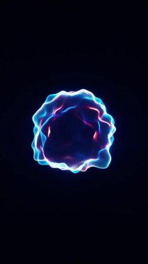 Küresel bir formda parıldayan mavi ve kırmızı dalgalarla enerji çekirdeği. Bilim kurgu için fütüristik soyut animasyon