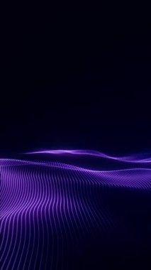 Soyut mor akış ve koyu arkaplan boyunca yavaşça hareket eden parlak dalgalar. Tasarım, sunumlar ve dijital sanat için gelecekçi dikey animasyon.
