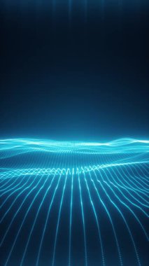 Parlak mavi çizgileri olan neon ızgara dijital bir dalga oluşturuyor. 4K 'da soyut dalga canlandırması, mavi arkaplanı işleyin.