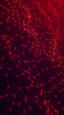 Dinamik soyut arkaplan, koyu fonda parlayan kırmızı ve turuncu ağ bağlantıları var. Futuristik ve enerjik tasarım, spor, esportlar, teknoloji ve dijital temalar için uygun.