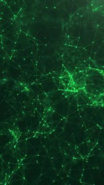 Dinamik soyut arkaplan, parlayan yeşil parçacıklar ve koyu arkaplanda birbirine bağlı çizgiler. Bilim, eko, biyoloji, teknoloji ve yenilik projeleri.