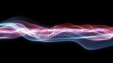 Siyah zemin üzerinde mavi ve pembe parlak çizgilerin dalgalanması, soyut teknoloji animasyonu.