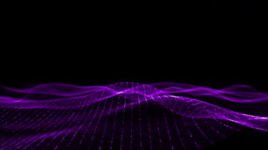 Siyah zemin üzerinde dijital bir dalga hareketi oluşturan canlı mor ışıklı ızgara, fütüristik animasyon.