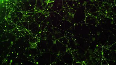 Parlak yeşil noktalar ve bağlantı çizgileri koyu arkaplan üzerinde karmaşık bir dijital ağ yapısı oluşturur, veri teknolojisi animasyonu