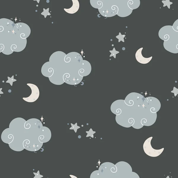 北欧風のかわいい雲と星を持つ子供たちのためのかわいいシームレスな子供っぽいシンプルなパターン 雲と赤ちゃんのパターン ファブリックデザイン — ストックベクタ