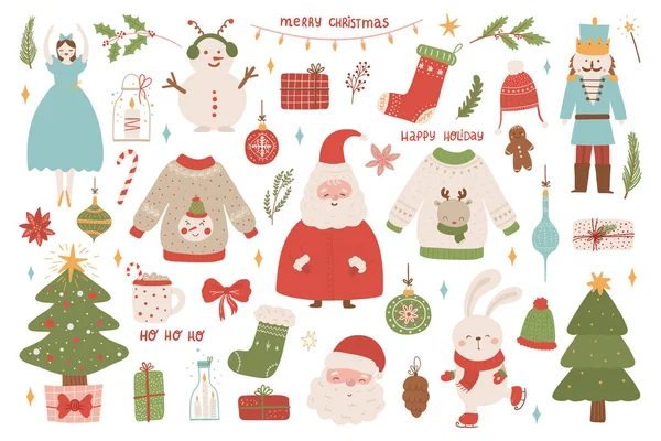 舒适的寒假成套圣诞设计元素 可爱的处女膜 圣诞老人 蜡烛和姜饼包 在白色背景上孤立的彩色平面矢量图 — 图库矢量图片