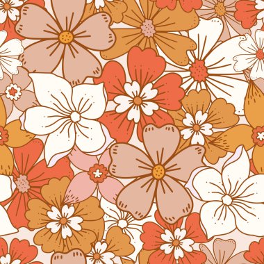 Floral retro boho pattern. Flower Power. Hippie pattern of the sixties. Summer flowers pattern. Boho style design perfect for wall art, poster, card, room decoration.