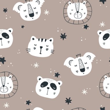 Hayvan kafaları olan dikişsiz bebek odası deseni. Yıldızları olan sevimli karakterler. Elle çizilmiş İskandinav usulü bebek çizgi film vektörü. Pastel bir palette çocuk odası çizimi