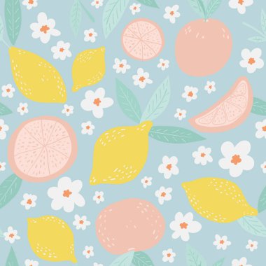 Pembe arka planda limonlu, tropik, pürüzsüz desen. Tekrarlanan meyve arka planı. Kumaş veya duvar kağıdı için parlak yazdırma vektörü.