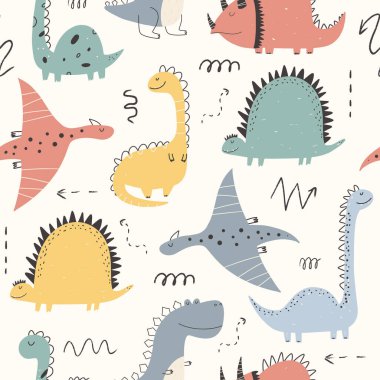 Şirin dinozorlarla el yapımı, kusursuz, çocuksu bir model. Kumaş, ambalaj, tekstil, duvar kağıdı ve giysi için çocuk dokusu. Dino. İskandinav tarzı