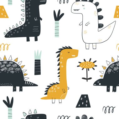 Şirin dinozorlarla el yapımı, kusursuz, çocuksu bir model. Kumaş, ambalaj, tekstil, duvar kağıdı ve giysi için çocuk dokusu. Dino. İskandinav tarzı
