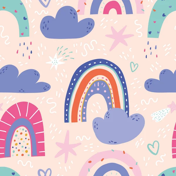 Seamless Childish Pattern Cute Rainbows Rain Clouds Doodle Style Colored — Stock Vector