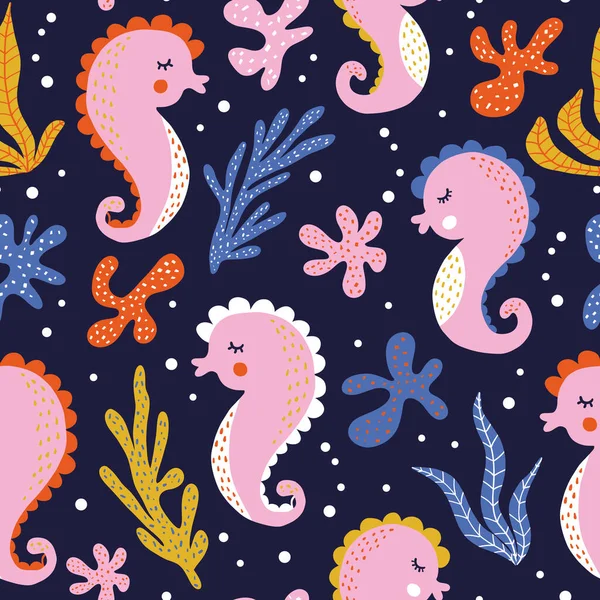 Modèle Sans Couture Coloré Avec Hippocampes Drôles Coraux Algues Arrière — Image vectorielle