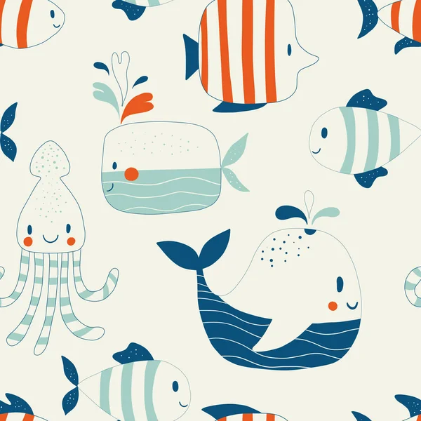 Childish Seamless Pattern Sea Ocean Animals Cute Marine Underwater Fauna — Stock Vector