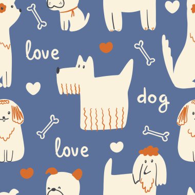 Köpekler kusursuz desen. Basit, saf, İskandinav tarzı çizgi film tarzında şirin hayvanlar. Bebek odası, bebek kıyafetleri, tekstil, ambalaj için ideal..