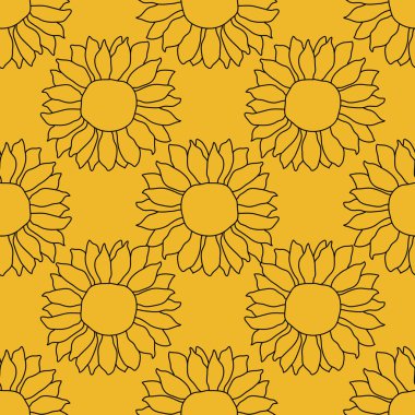 Ayçiçeği deseni kusursuz. Vektör çizgisi sarı çiçek dokusu arkaplanı.