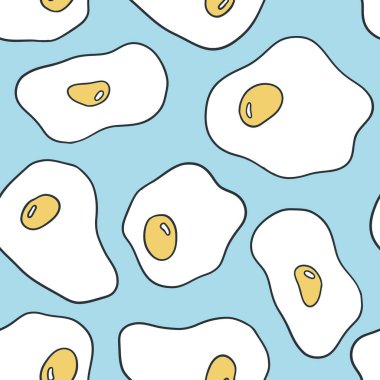 Renkli, pürüzsüz ve mavi arka planda sahanda yumurta. Lezzetli pişmiş kahvaltı tabağıyla fon, sabah yemeği. Ambalaj kağıdı, tekstil baskısı, duvar kağıdı için güzel bir illüstrasyon