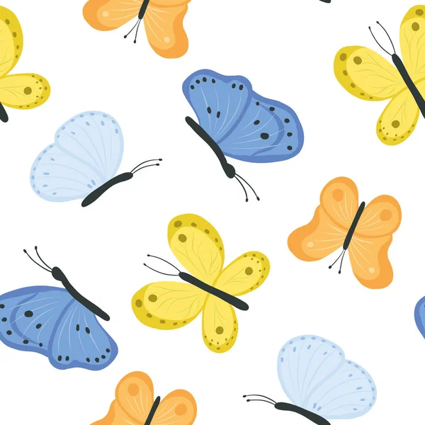 可爱的蝴蝶无缝图案 飞行昆虫矢量平面图解 漂亮的手绘蝴蝶壁纸模板 装饰彩色照片 — 图库矢量图片