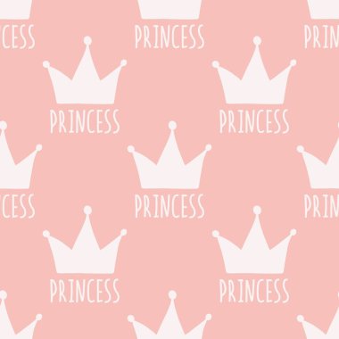 Prenses vektör dikişsiz desen taçlar. Bebek El basit karikatür İskandinav tarzında çizilmiş illüstrasyon. Kağıt ve kumaş üzerine baskı için idealdir.