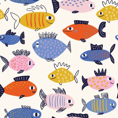 Beyaz arka planda, İskandinav tarzında balıklar olan basit düz deseni tekrarlayan, el yapımı, renkli, çocuksu, basit, düz desenli bir taşıyıcı. Sevimli bebek hayvanlar. Balıklı çocuklar için desen.