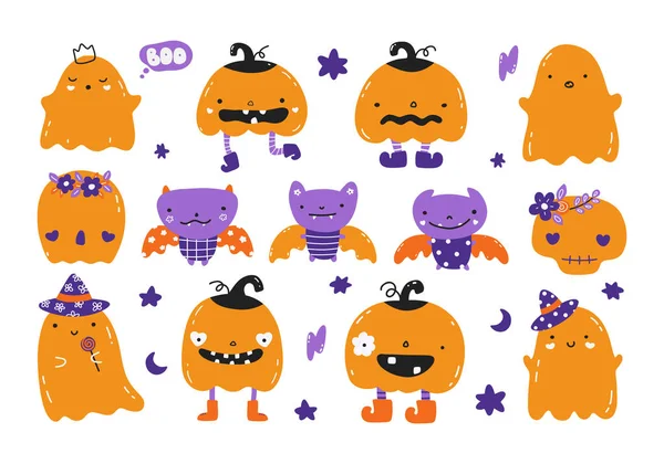 Conjunto Fantasmas Engraçados Engraçados Felizes Abóboras Morcegos Bebê Assustador Boo —  Vetores de Stock