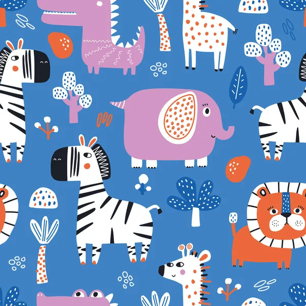 Beyaz arka planda sevimli hayvanlar olan kusursuz renkli bebek desenleri. Fil, timsah, zebra, zürafa, aslan ve karalama yapan çocuklar için desen. Sevimli bebek hayvanlar.