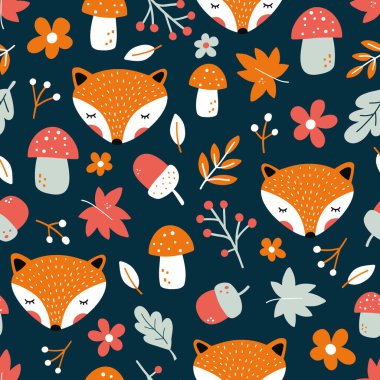 Arka planda sevimli tilki ve yaprakları olan mükemmel bir sonbahar deseni. Çizgi film karakteri orman hayvanıyla arka plan. Kumaş baskısı, duvar kağıdı, ambalaj kağıdı